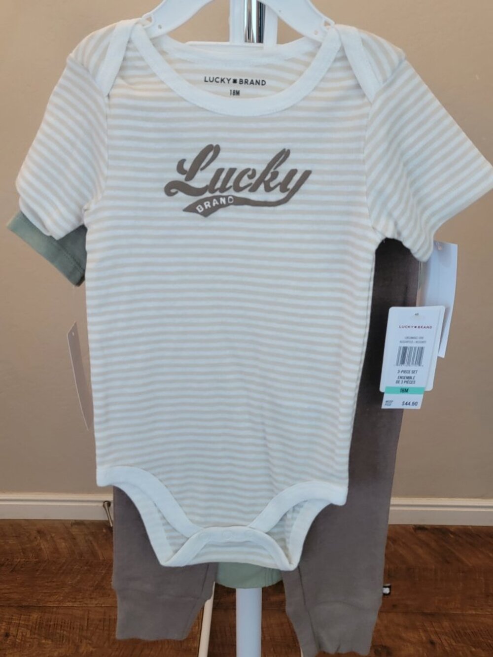 Lucky Brand Cream and Beige Striped Baby 3-Piece Set 18 months